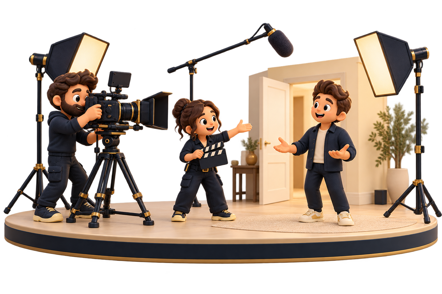 Cartoon film crew with a cinema camera on a tripod, director, actor, softbox lights and boom microphone.