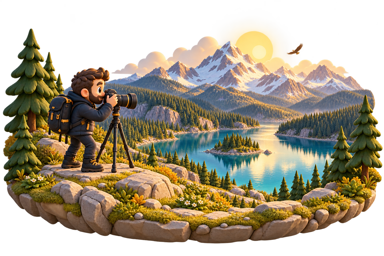 Cartoon photographer with a camera on a tripod overlooking a lake, forest and mountains.