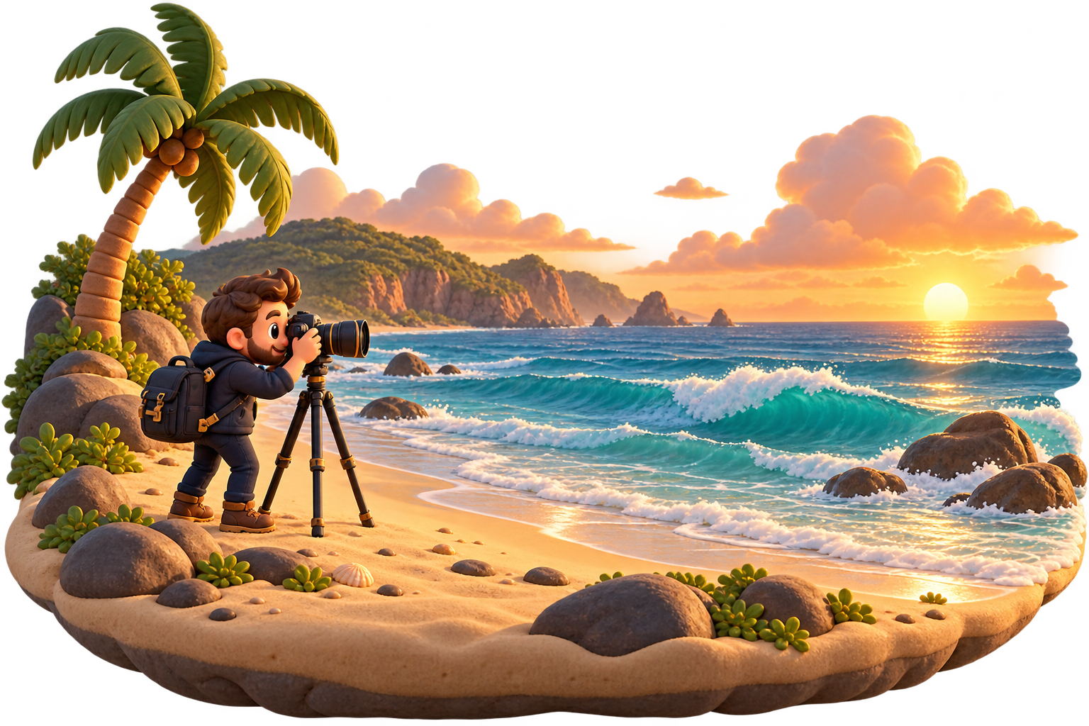 Cartoon photographer using a camera on a tripod beside ocean waves and a sunset.