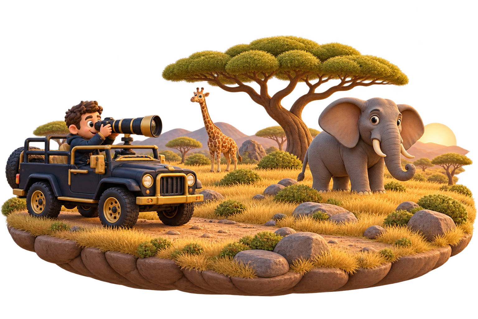 Cartoon safari photographer in a jeep photographing an elephant and giraffe.