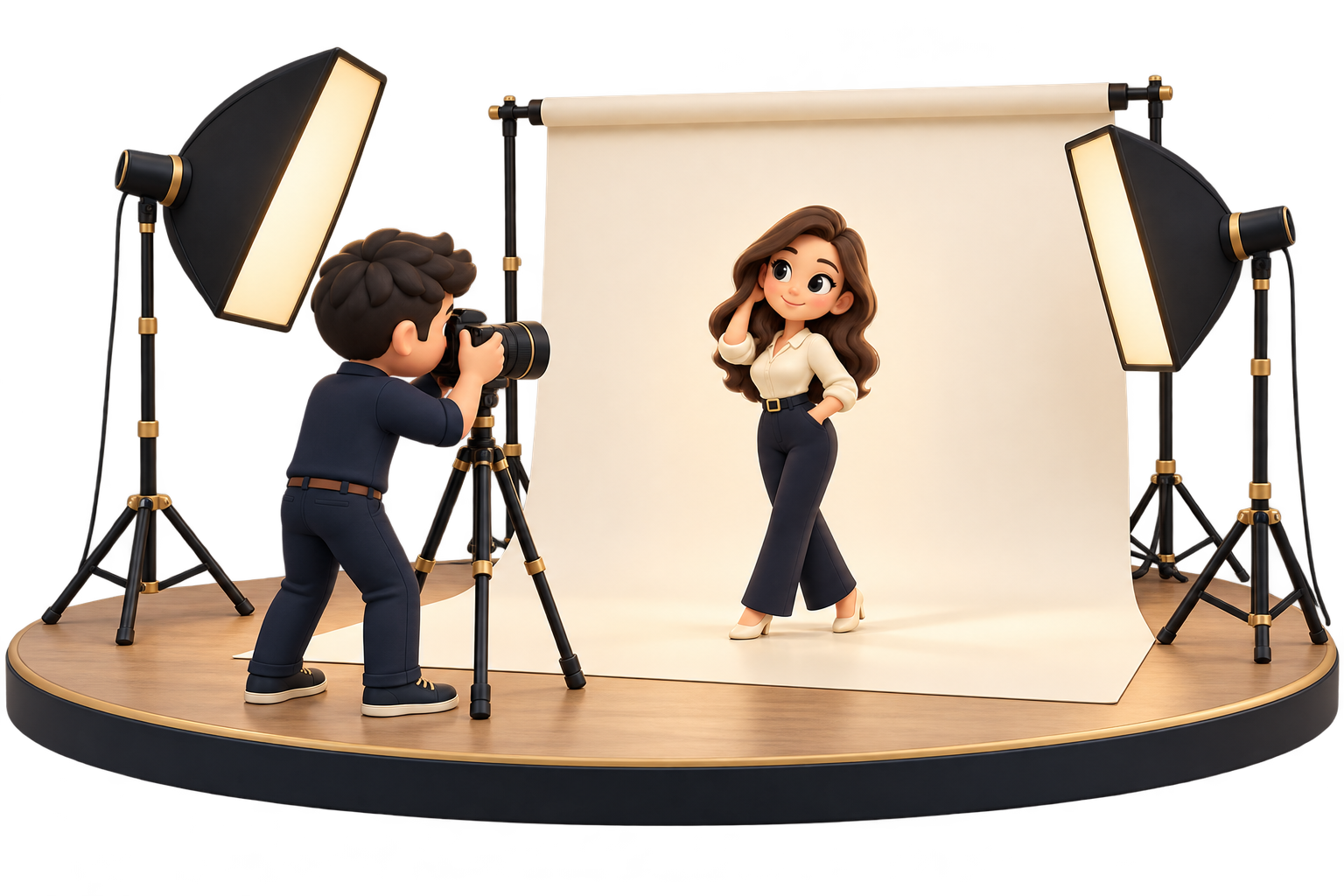 Cartoon photographer using a tripod-mounted camera to photograph a posing model in a studio with two softboxes.